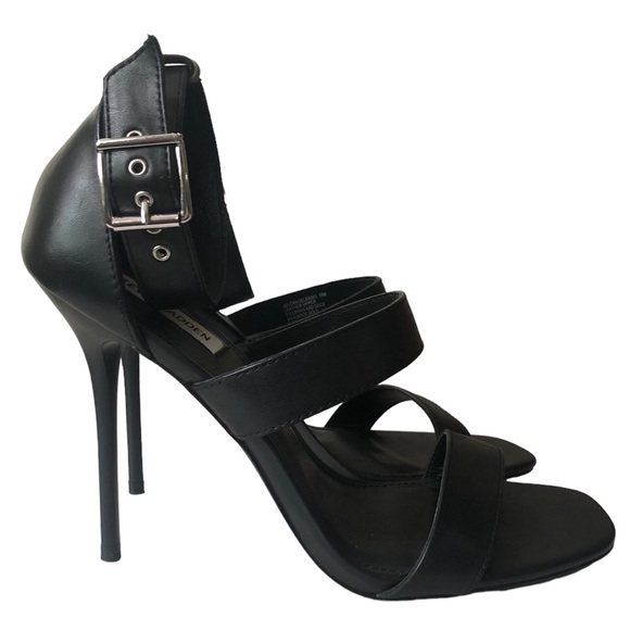 STEVE MADDEN Jelena Black Leather Square Toe Stiletto Heels Strappy Sexy Sz 10M - Picture 2 of 9